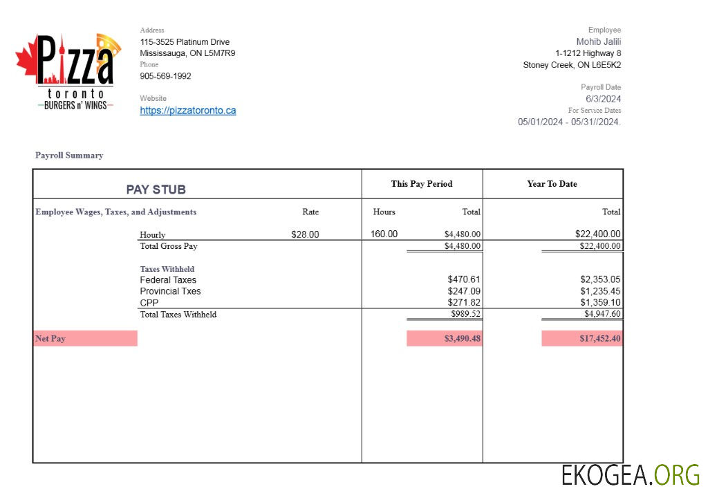 Modèle de bulletin de paie de Pizza Toronto aux formats Word et PDF.pdf, 1